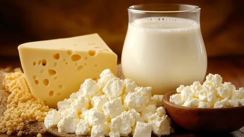 Dairy assortment with cheese, milk and cottage curds displayed.