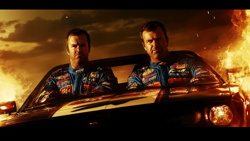 Twin racers riding through fire and golden evening light.