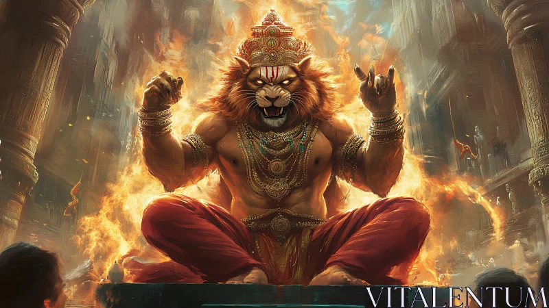 Lion-headed deity sits amid flames in ornate temple environment