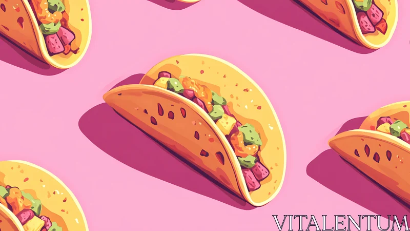 Illustrated tacos in repeating diagonal layout on pink background.