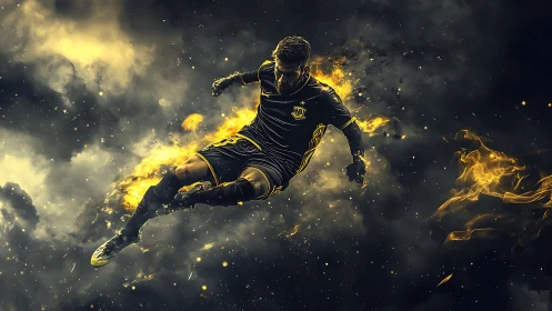 Soccer player suspended midair amid glowing yellow flames