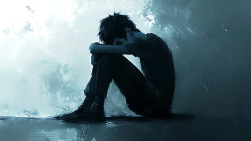 Solitary boy sitting on floor in moody blue shadows.