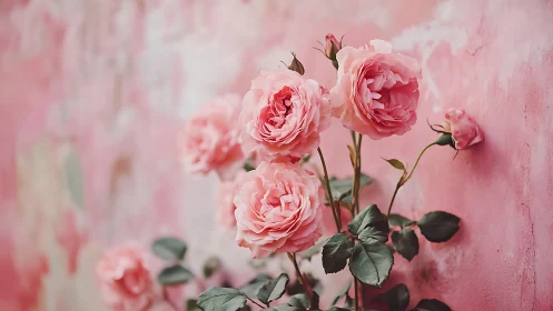 Pink Roses Against Textured Wall. Romantic Floral Study.