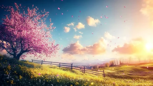 Springtime hillside where cherry petals chase the sunrise.