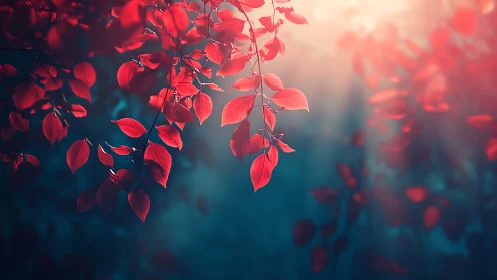 Vibrant red autumn leaves in soft sunlight, dreamy nature style.