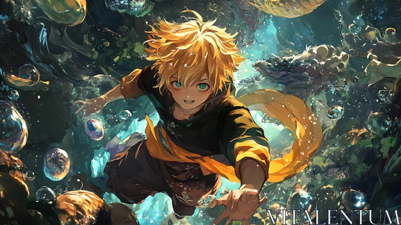 Blond boy swimming underwater amid bubbles and rocky reef
