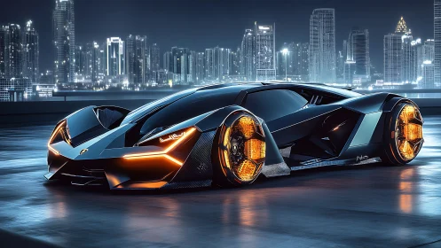 Futuristic hypercar with neon wheel cores on wet rooftop.