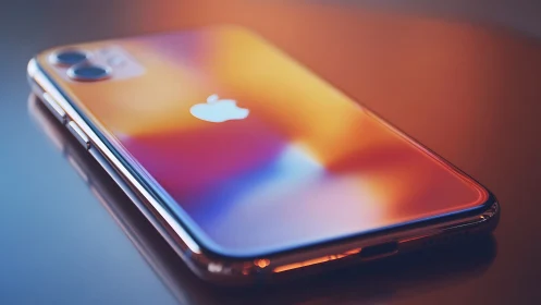 iPhone displaying gradient interface with dual-camera system in studio lighting.