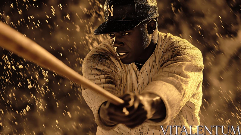 Determined baseball player swings through dramatic golden rain