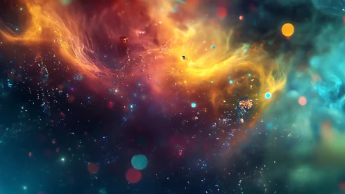 Chromatic nebula field with luminous cosmic particulates.