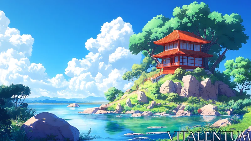 Lakeside red pagoda on rocky islet under cumulus sky, daylight