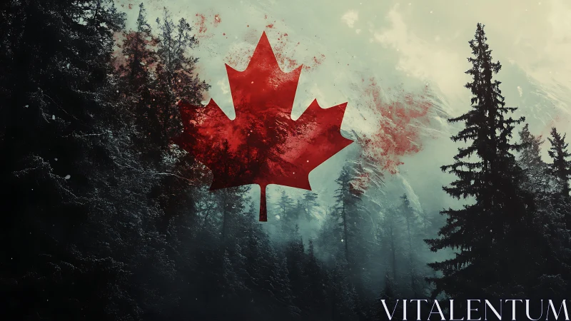 Crimson maple emblem emerging over misty Canadian forest.
