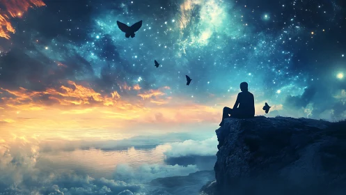 Silhouette on cliff edge under vivid cosmic night sky.