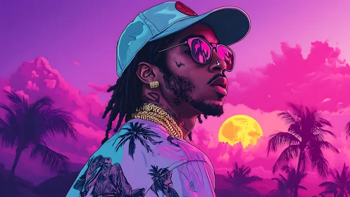 Stylized neon portrait of man in tropical sunset vaporwave palette