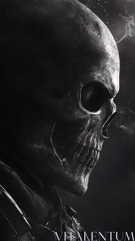 Smoke-kissed cyber skull stares into a velvet-black abyss
