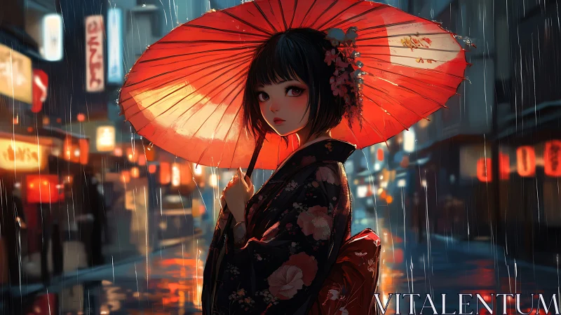 Girl under red umbrella walks through neon city rain