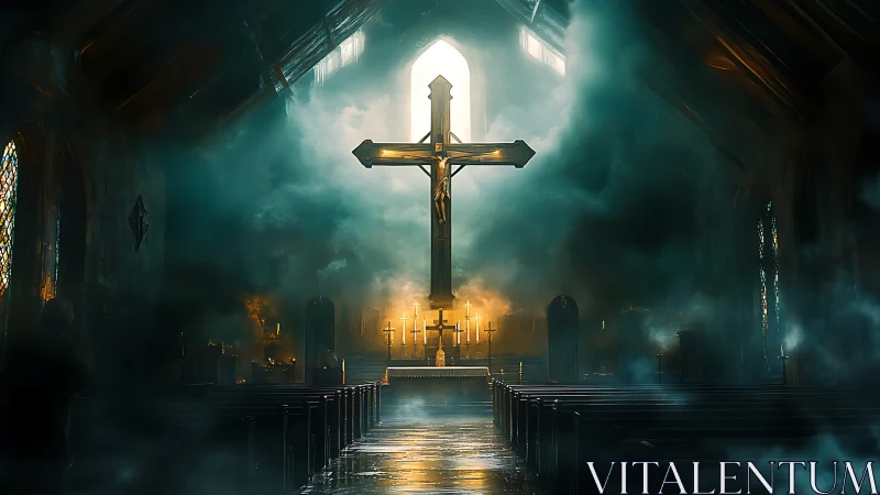 Soft light and rising mist around a glowing church cross.