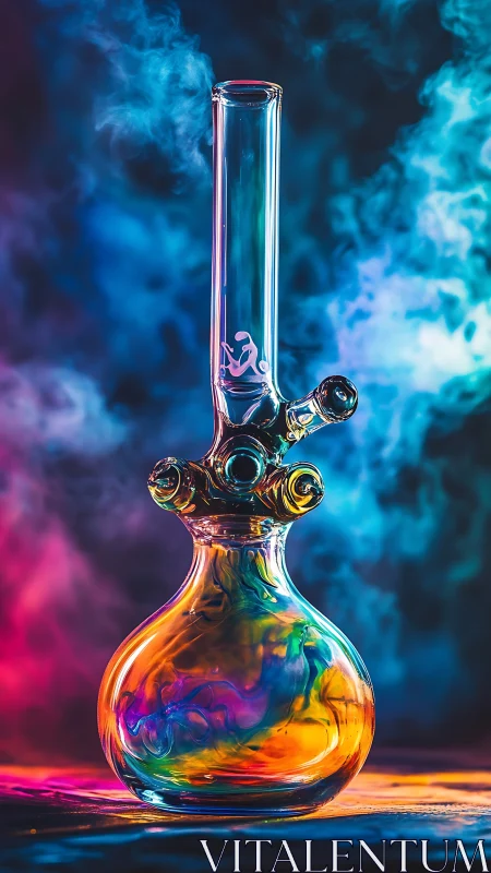 Glass bong stands against colorful smoke and neon light