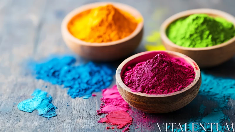 Vibrant powdered pigments in wooden bowls under soft daylight
