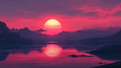 Sunset sphere melts into magenta mountains and mirror sea