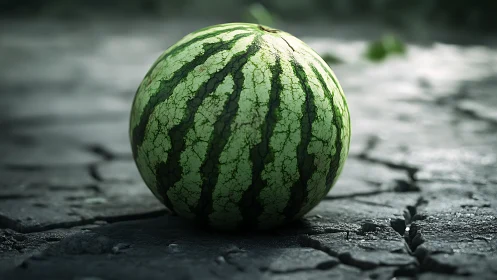 Watermelon rests on cracked ground under soft diffuse light