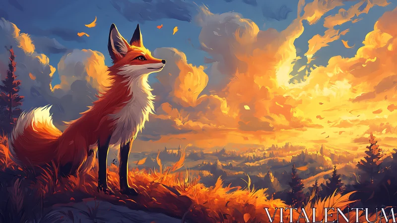 Fox surveys blazing sunset valley in vivid orange light.