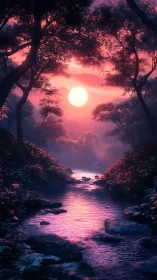 Crimson sunset river flowing through luminous forest valley.