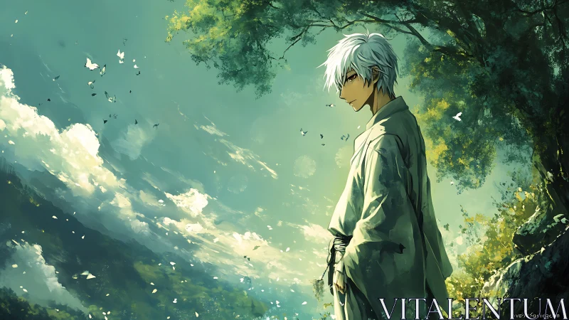 White haired wanderer stands over luminous valley edge