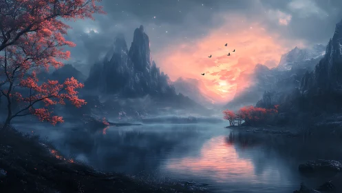 Fiery sunset over misty mountains and reflective lake.