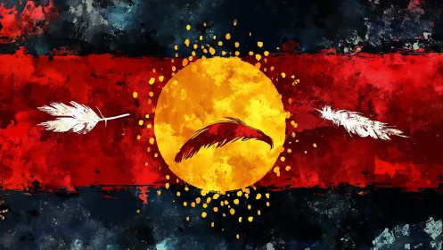 Radial avian emblem on textured tricolor field with scatter brush dynamics