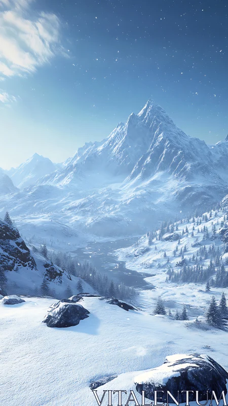 Winter mountain valley under clear starry blue sky.