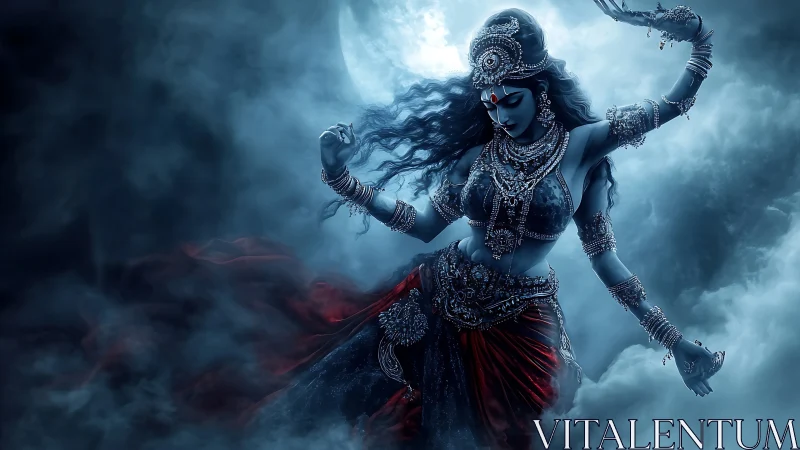 Divine warrior goddess in moonlit storm with crimson drapery.