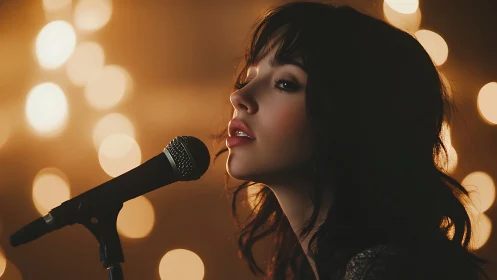 Female vocalist profile at microphone in warm studio light.