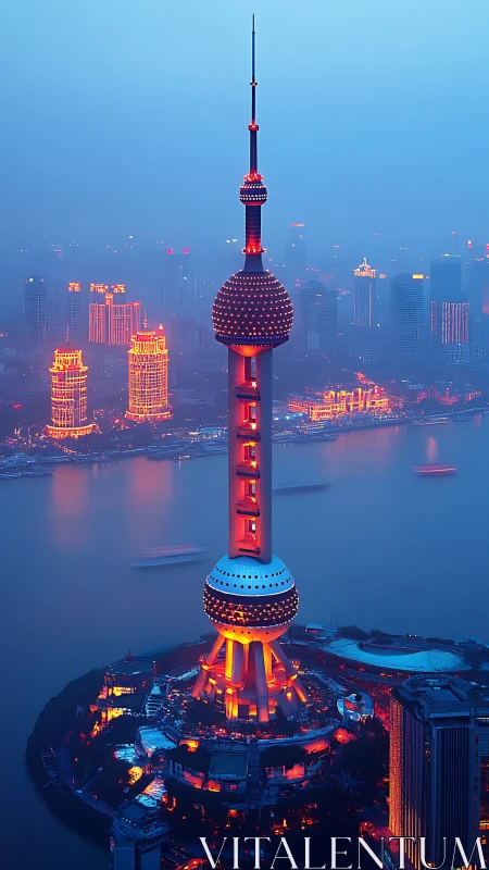 Neon-lit Oriental Pearl Tower dominates foggy high-rise skyline