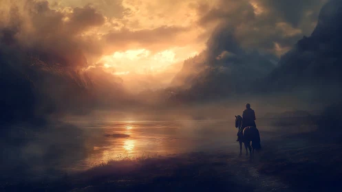 Lone rider on horseback faces glowing misty valley sunset.