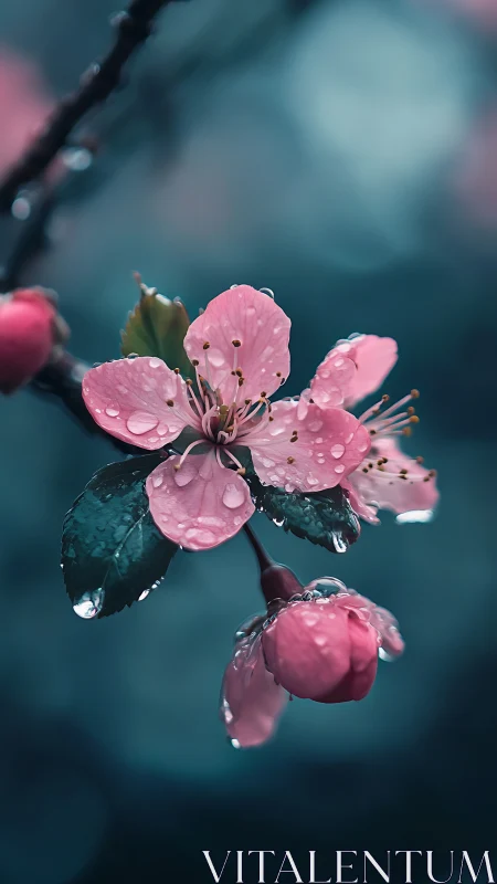 Pink blossoms glistening with raindrops in serene teal garden light.