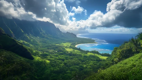 Kalalau Valley Overlook: Tropical Coastal Landscape Panorama.