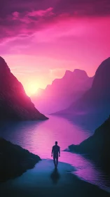 Neon wanderer crossing a violet valley of liquid dawn.
