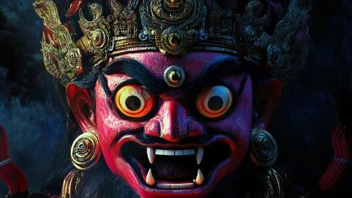 Ornate demonic mask with exaggerated eyes and fanged mouth.
