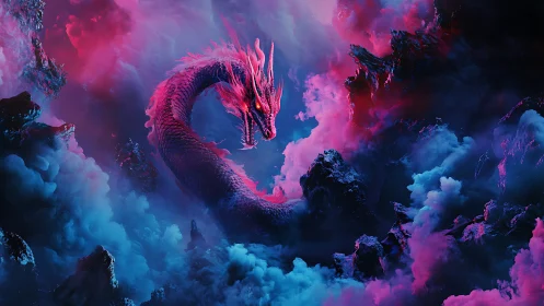 Serpentine dragon form occupies neon mist and rocky void