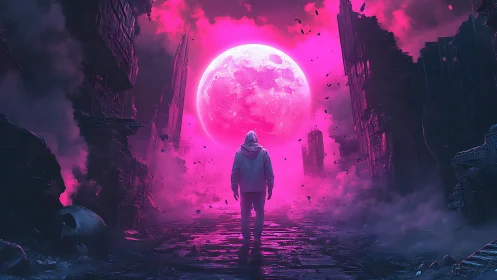 Figure in hoodie walks toward luminous magenta moon