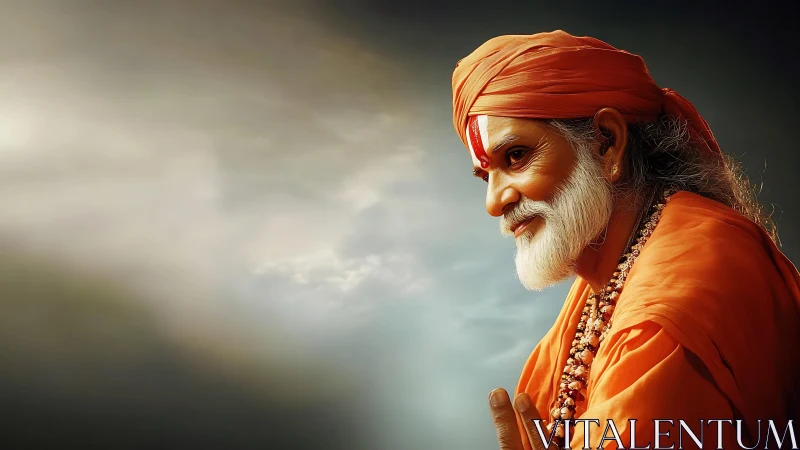 Elderly spiritual guru smiles softly in radiant orange robes.