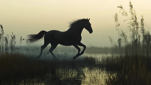 Silhouette of a horse moving through shallow wetland water.