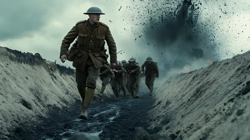 Soldiers race through a blasted trench under heavy bombardment