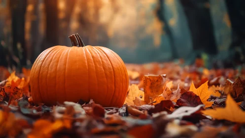 Autumn forest pumpkin resting among vivid fallen leaves.