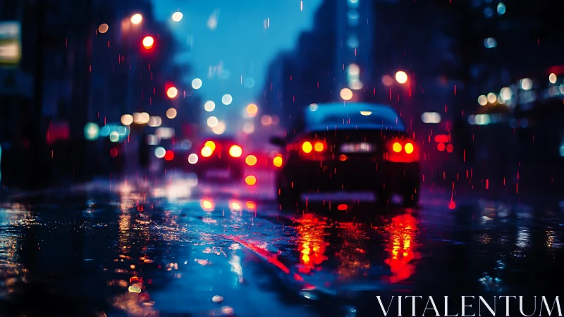 Car tail lights reflecting on wet city street at night.