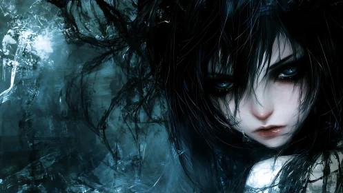 Dark-haired girl stares through tangled shadows and cold mist