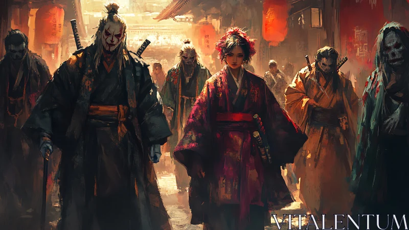 Samurai guardians stride through ember-lit night streets.
