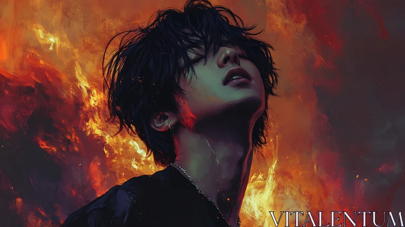 Burning serenity around lone figure in blazing inferno backdrop.