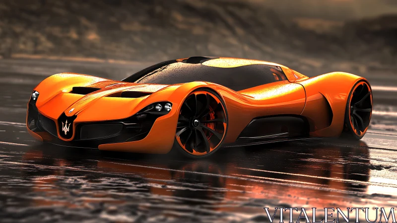 Aerodynamic Maserati hypercar on wet reflective test track.